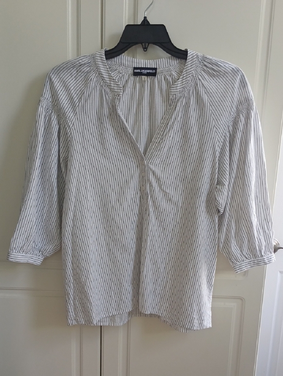 Karl Lagerfeld Tops - Karl Lagerfeld White Pinstriped V-Neck Peasant Blouse
